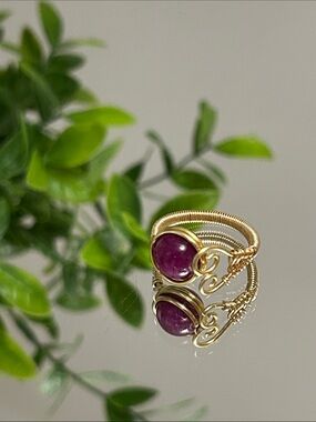 Gold Wire-Wrapped adjustable Ring with Purple Gemstone